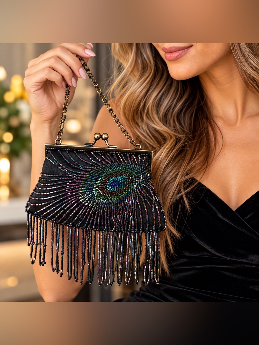 Menbur Peacock Beaded Kiss Lock Evening Bag Fringe Chain Purse